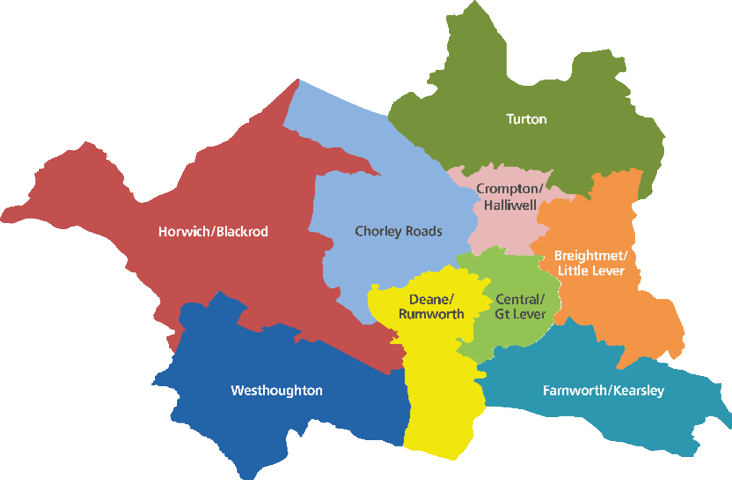 Map showing 9 networks/neighbourhoods of Bolton
